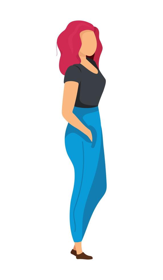 Trendy woman standing semi flat color vector character