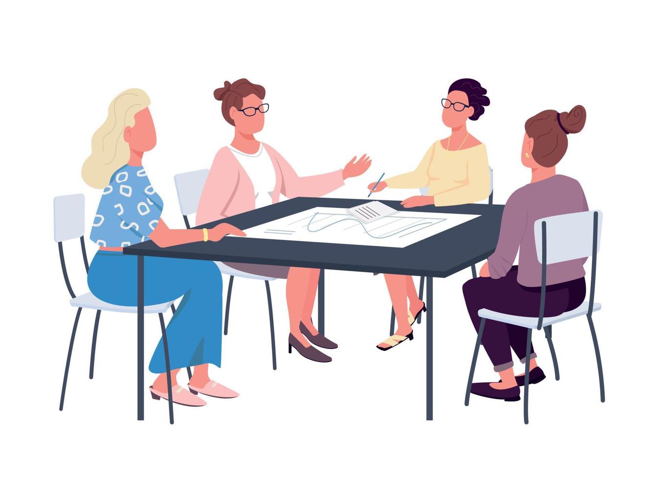 Female team on business meeting semi flat color vector characters