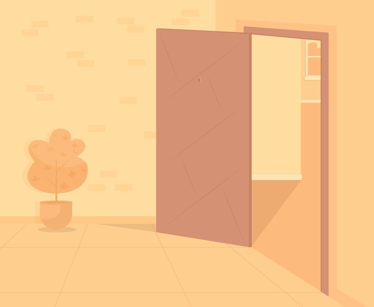 Corridor with opened door flat color vector illustration