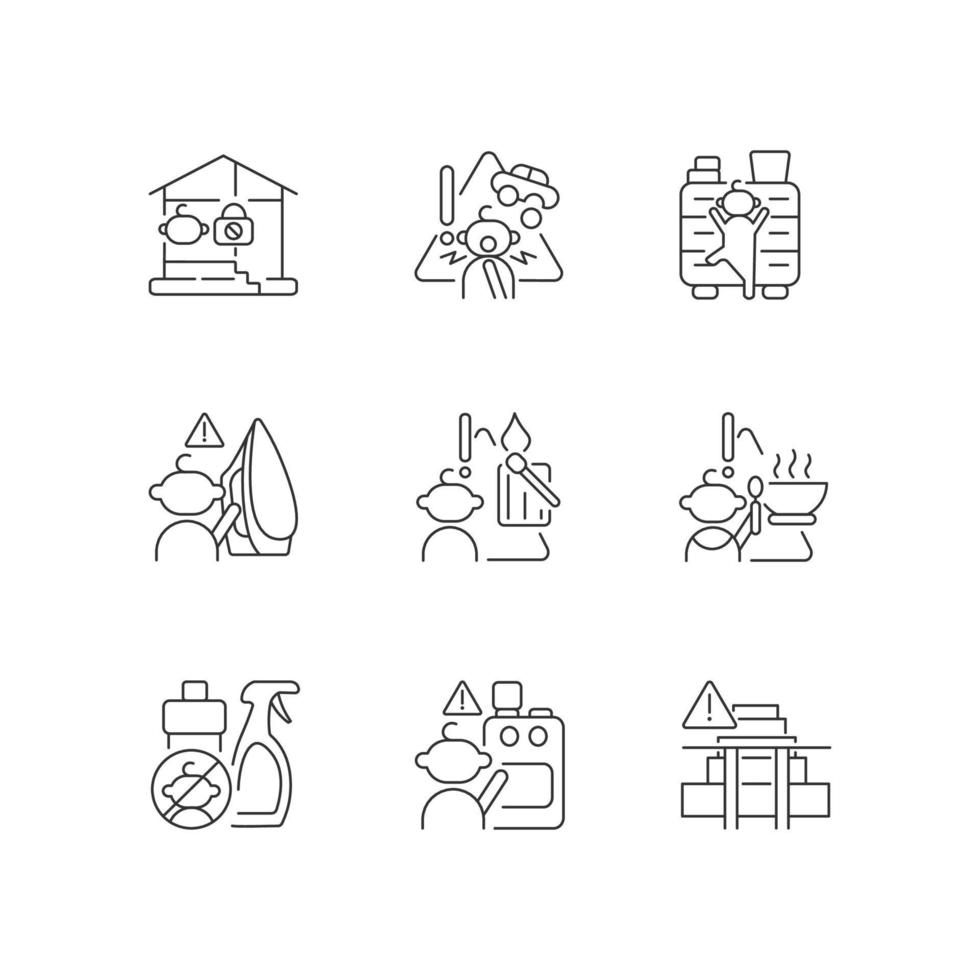 Kids injuries danger linear icons set. Prevent injuries and burns. Hazard situations for infants. Customizable thin line contour symbols. Isolated vector outline illustrations. Editable stroke