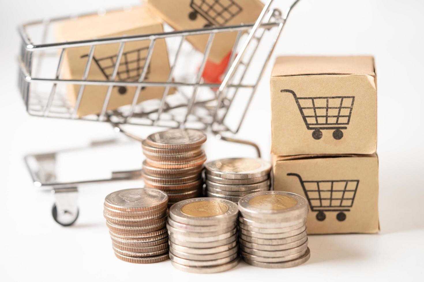 Shopping cart logo on box with coins. Banking Account, Investment Analytic research data economy, trading, Business import export online company concept. photo