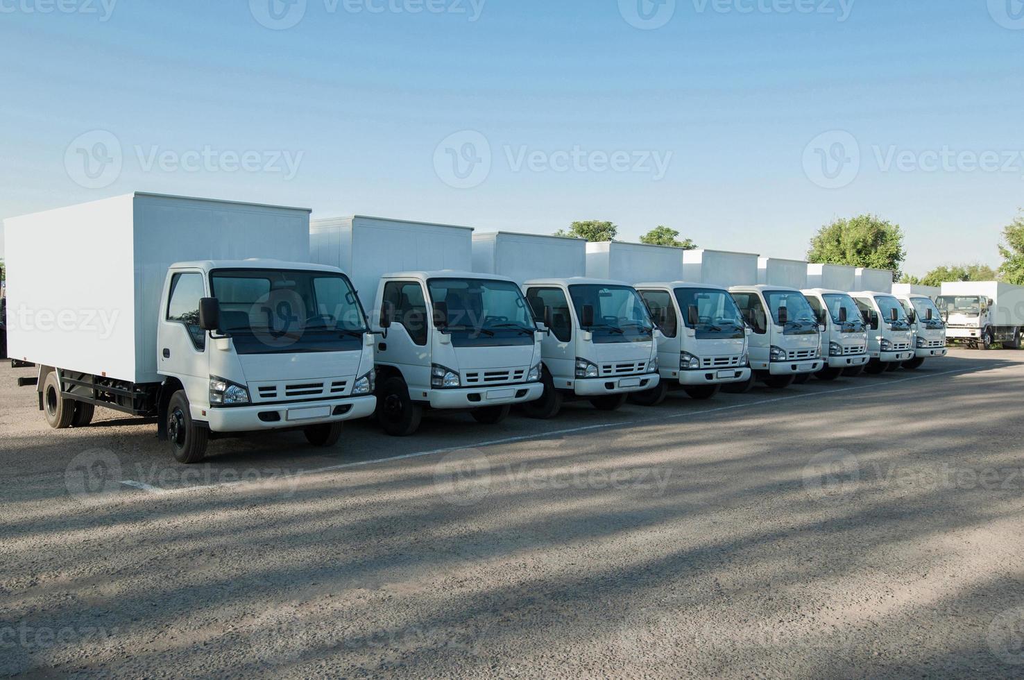 los camiones se paran en fila en el estacionamiento. vista frontal. camión del parque foto