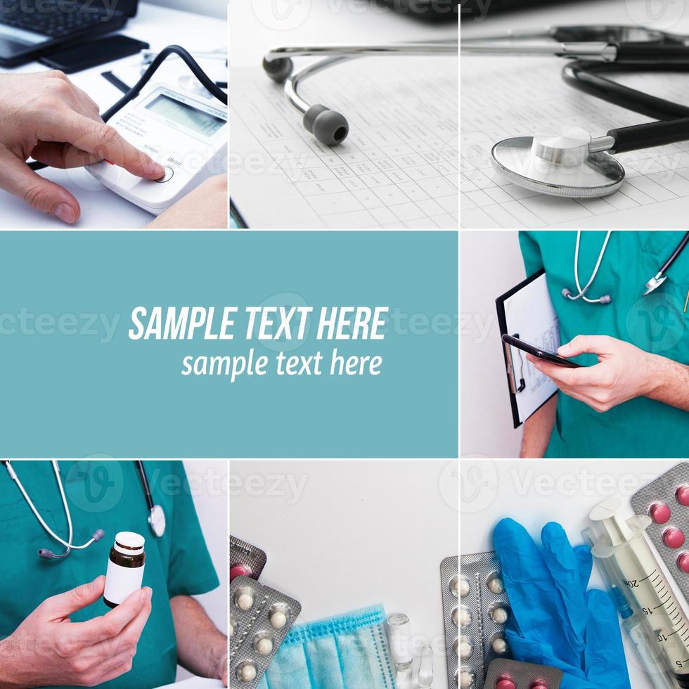 Doctor, medication, treatment and copy space for text - medical collage photo