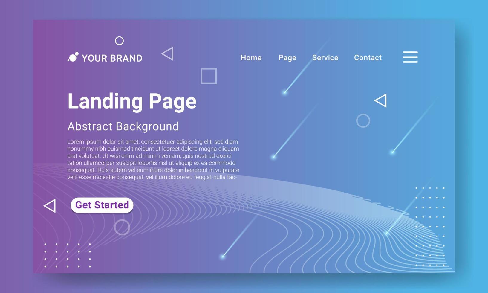 Minimal Landing Page Website Template. Blue gradient geometric background with dynamic shapes, wave and shooting star element. Design for website and mobile website development. vector