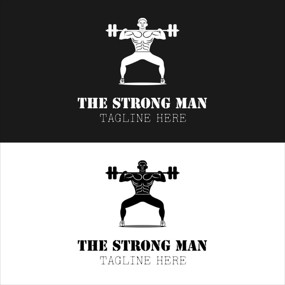 strong man gyms male bodybuilder lifting heavy barbell black silhouette for retro vintage stamp gym logo design vector