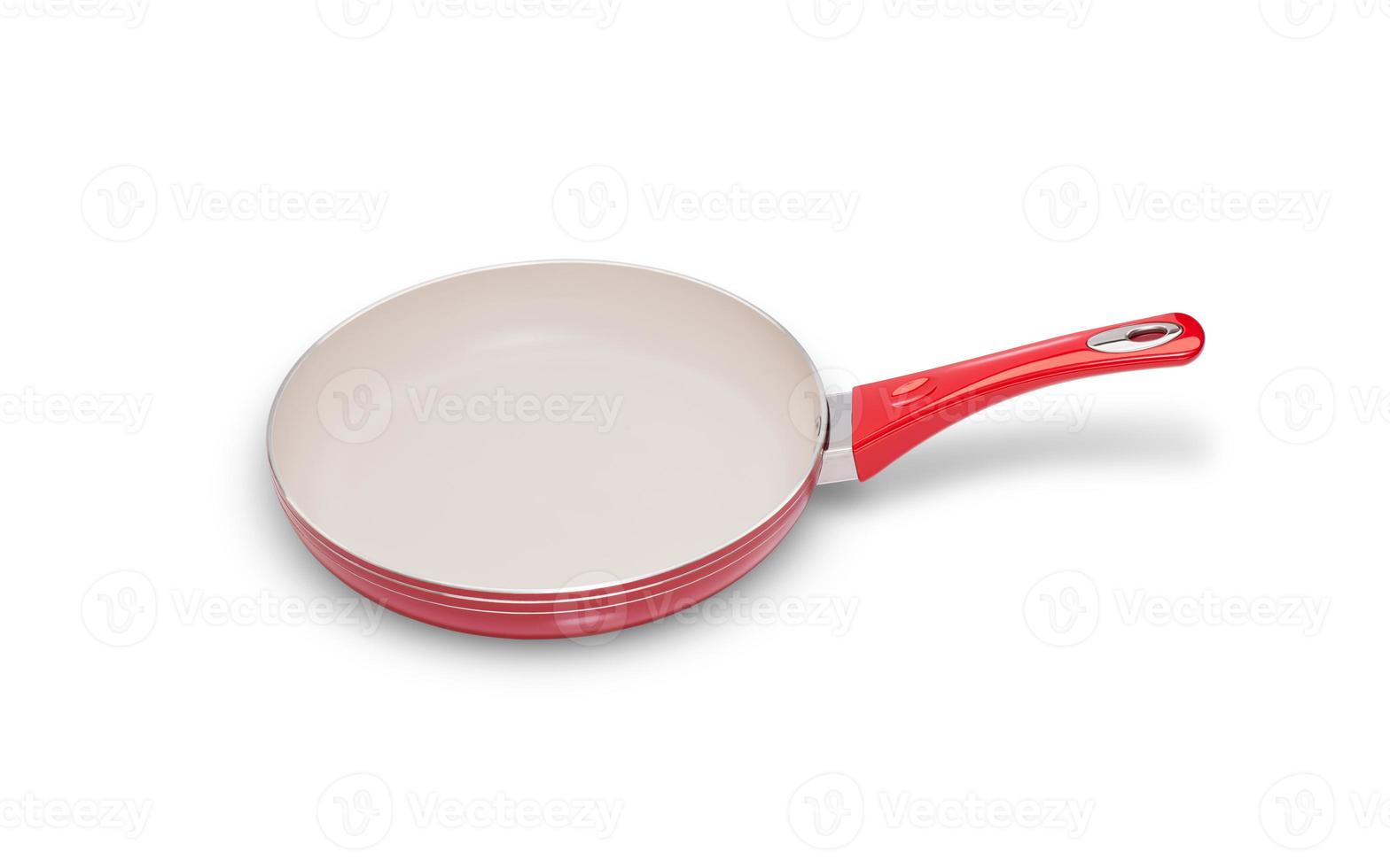 one frying pan of red color on a white background closeup photo