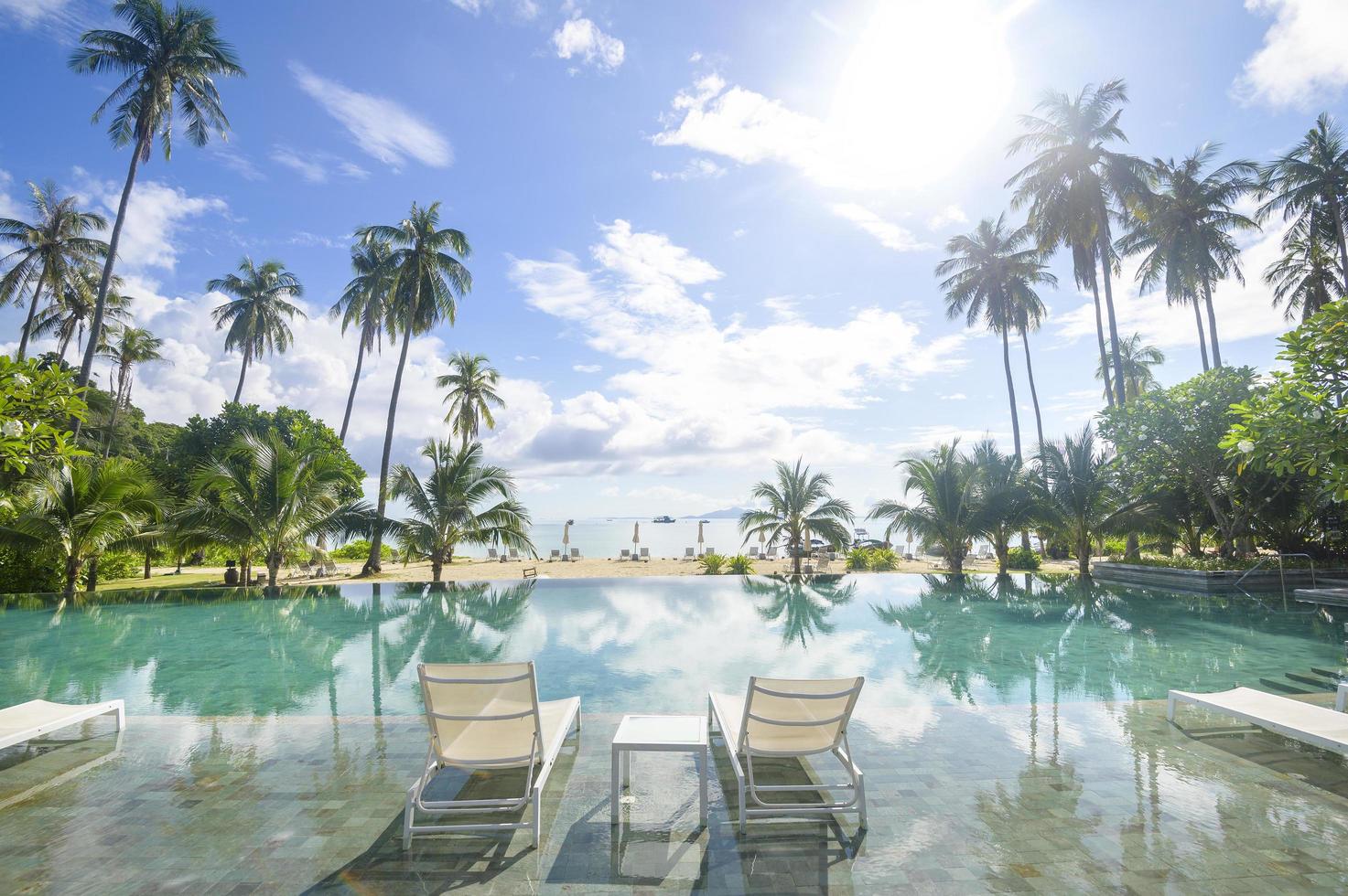 hermosa vista de la piscina con jardín tropical verde en un acogedor resort, isla phi phi, tailandia foto