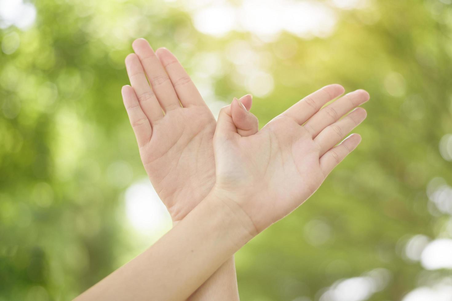 World peace Day , human hand on green background photo