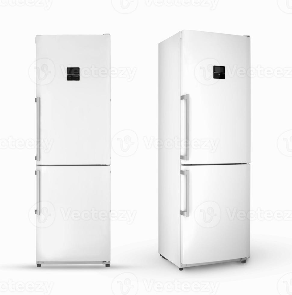 modern household two chamber refrigerator on a white background, two angles and positions, isolated photo