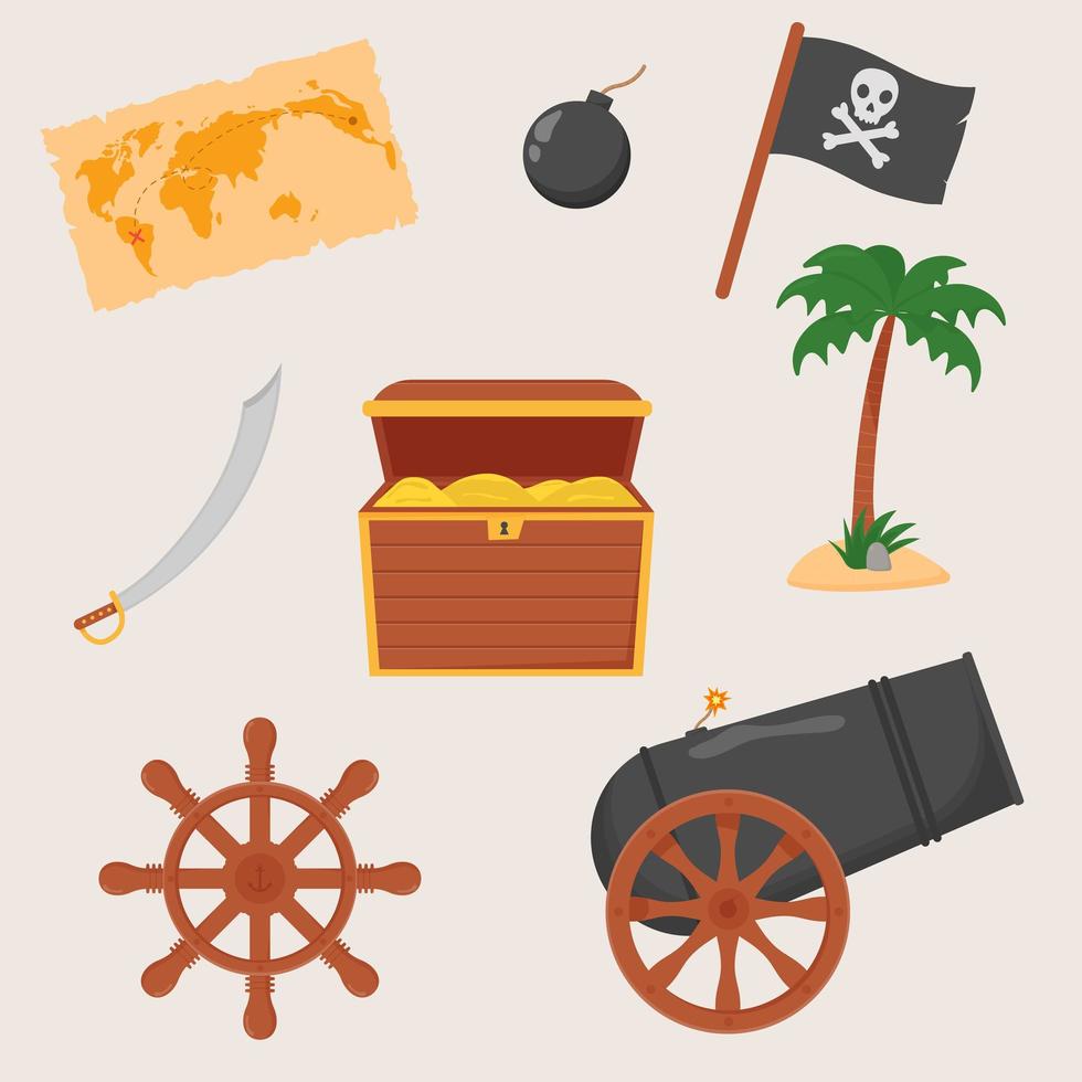 paquete pirata conjunto aislado sobre fondo blanco. paquete pirata, mapa del tesoro, timón de barco, bomba vector