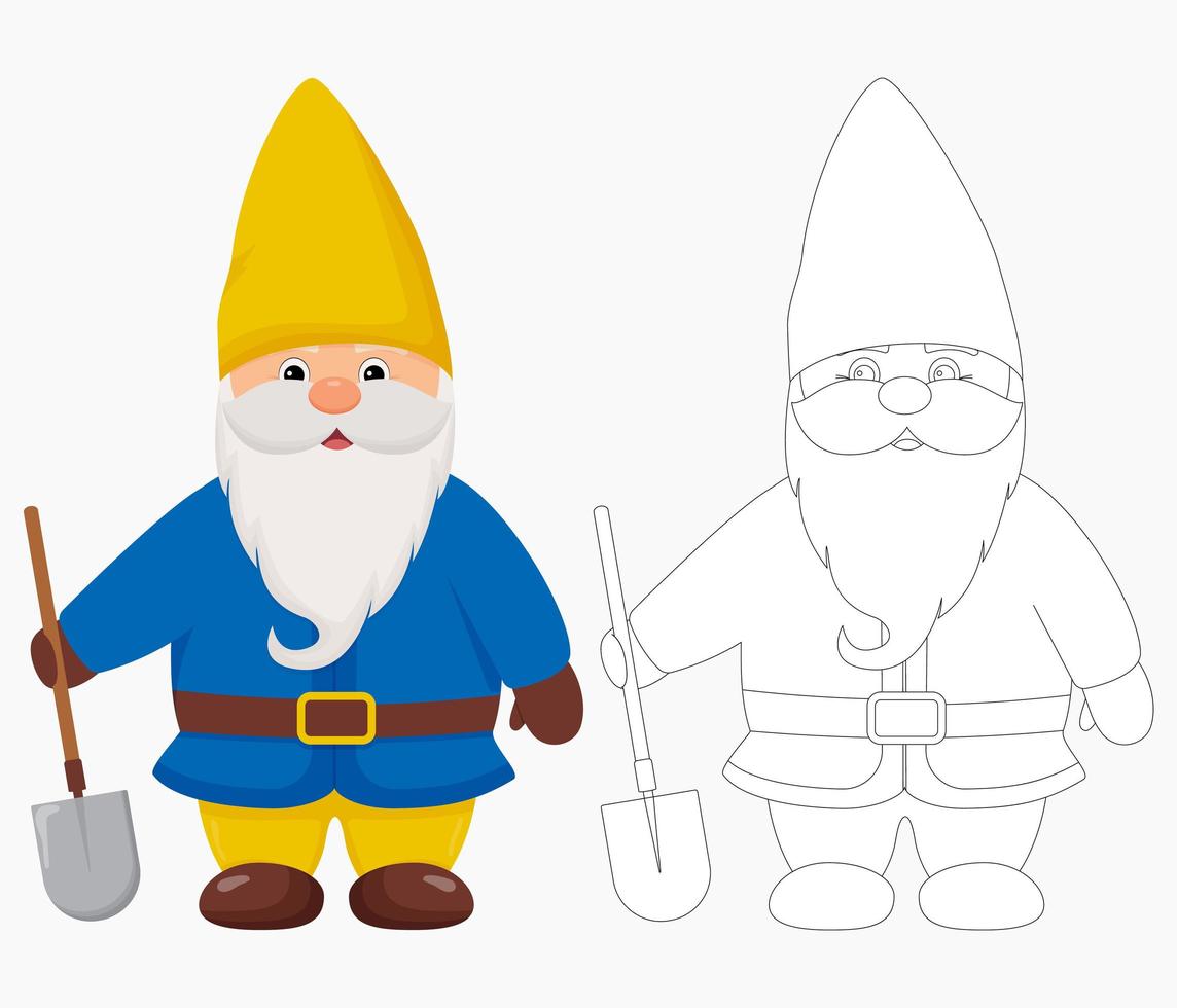 Cute garden gnome with a shovel in his hands. Gnome in color and outline vector