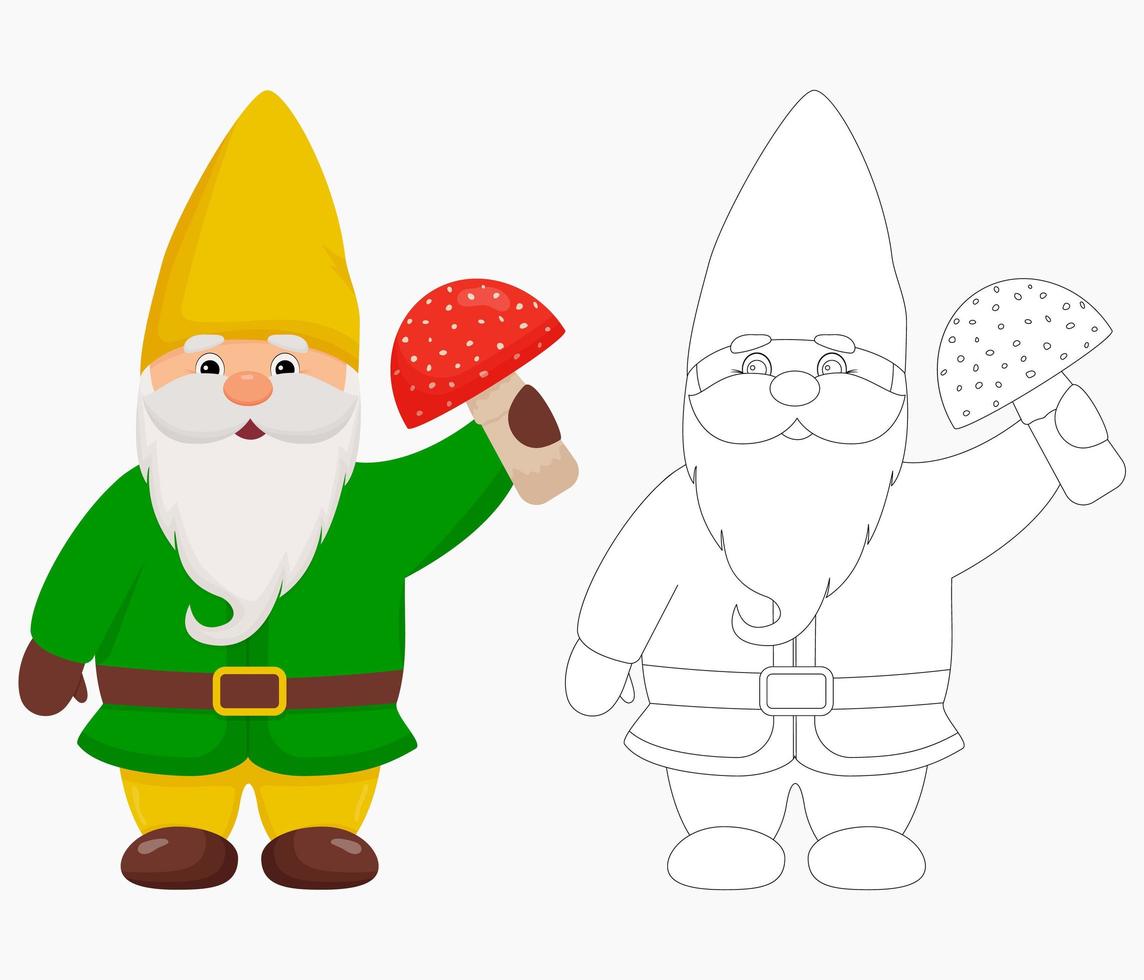 Cute garden gnome with a mushroom in his hands. Gnome in color and outline. vector