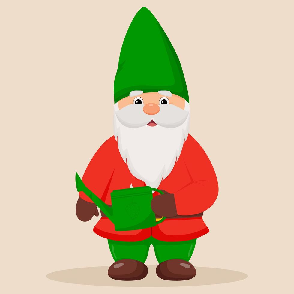 Cute garden gnome with a watering can in his hands. vector