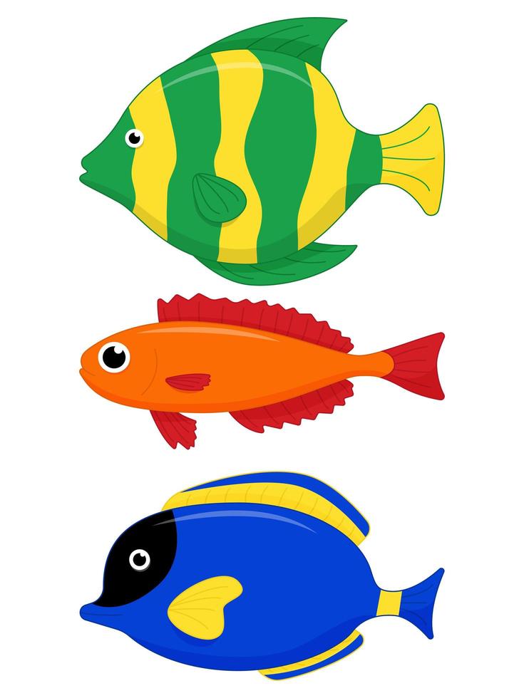 lindo juego de peces de mar. personaje de dibujos animados de vector en el océano. pez tropical