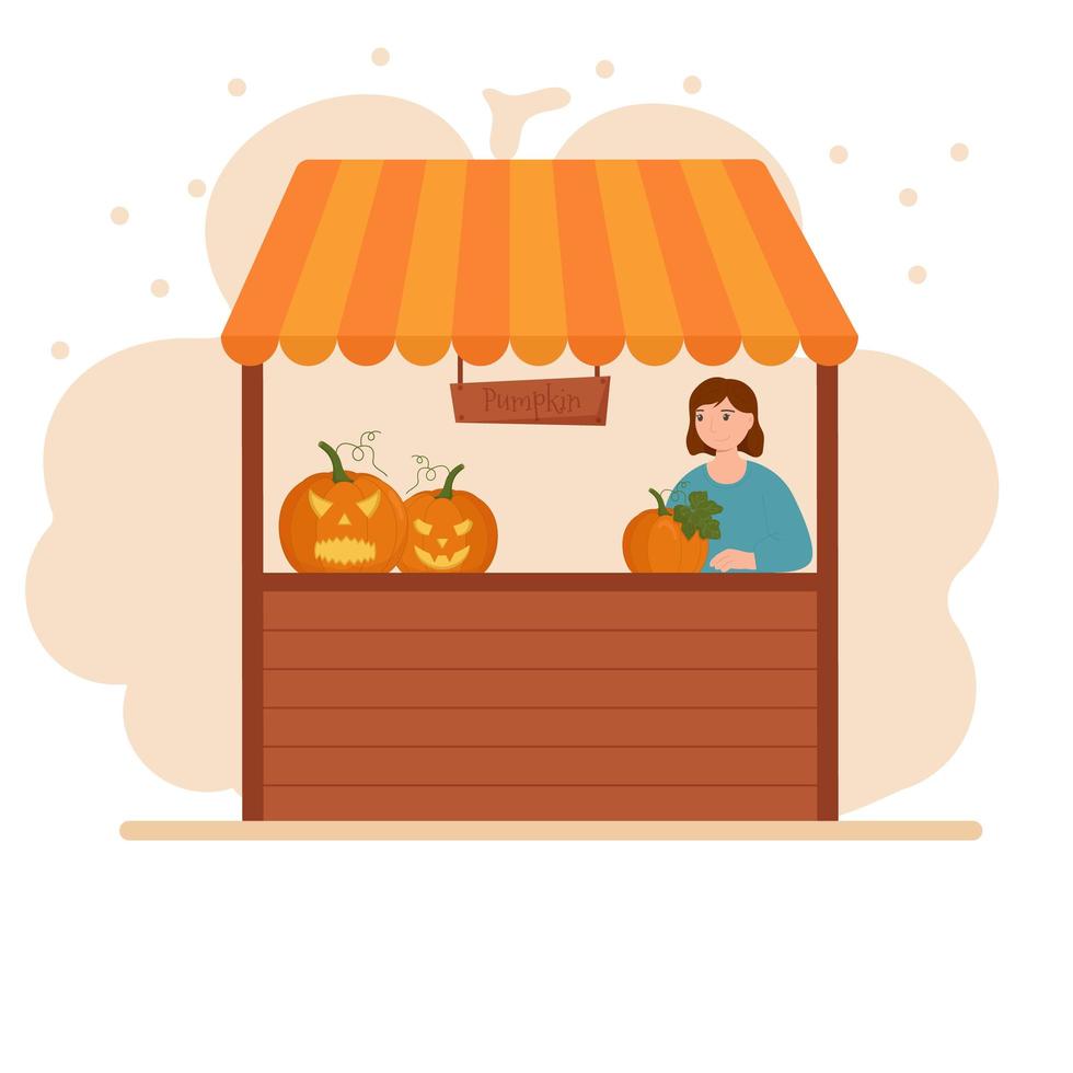 Stall Counters. Food market counter with pumpkins on shelves. Kiosk on white background vector