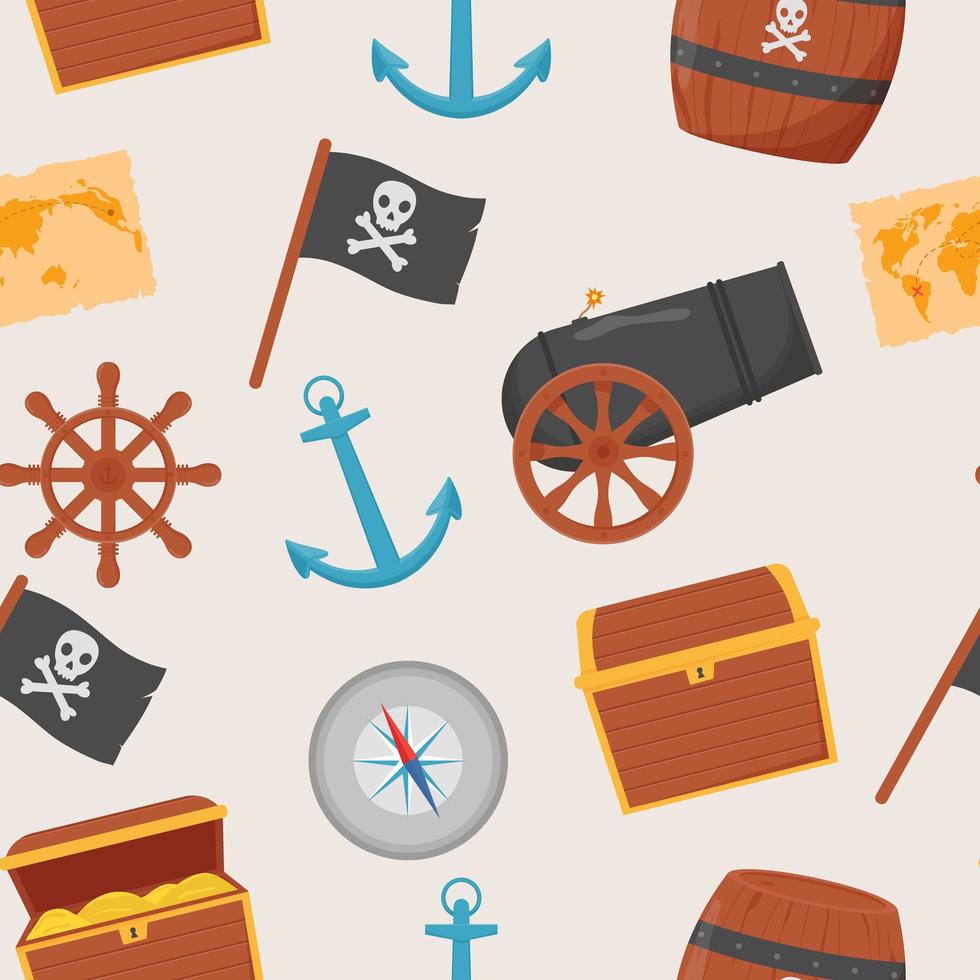paquete pirata de patrones sin fisuras. paquete pirata, mapa del tesoro, ron, rueda de barco, ancla, barril, bomba vector