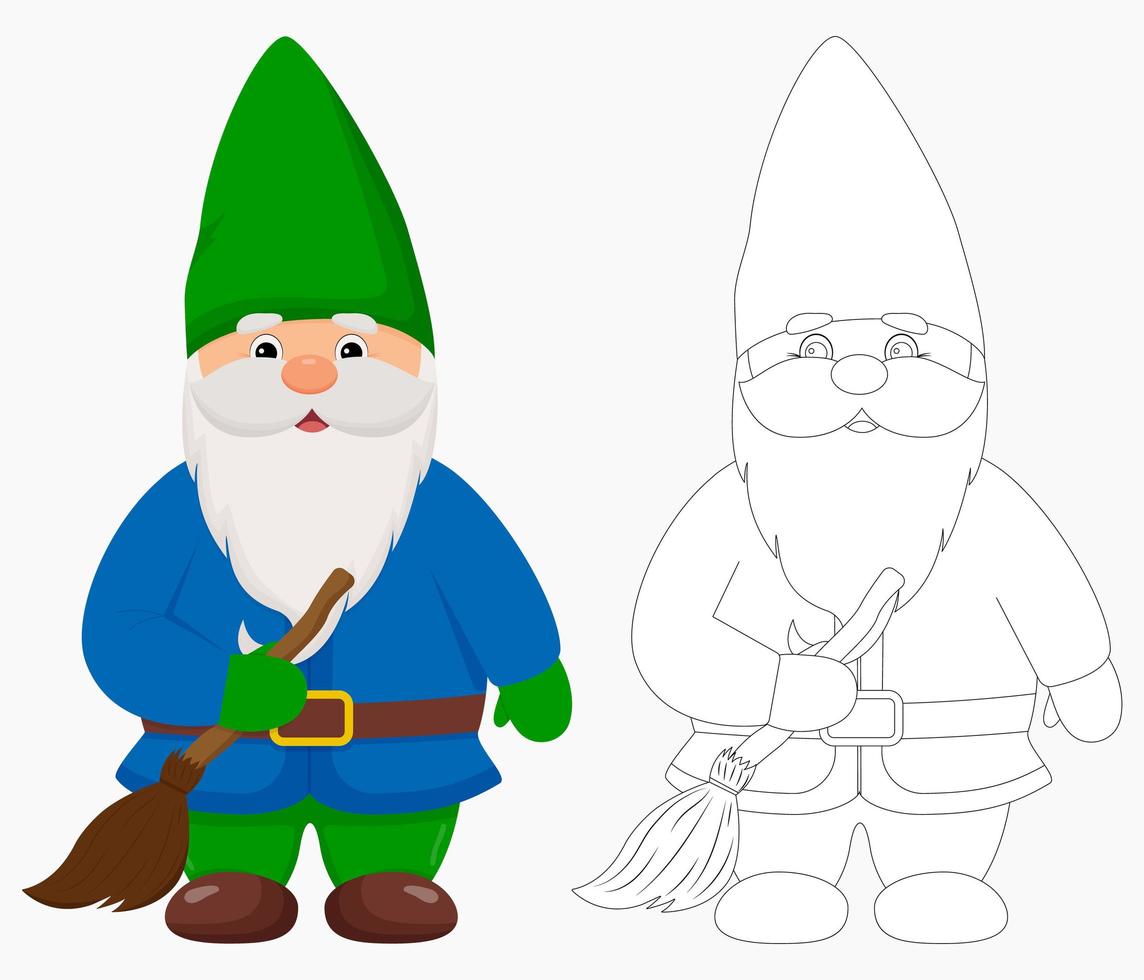 Cute garden gnome with a broom in his hands. Gnome in color and outline. vector