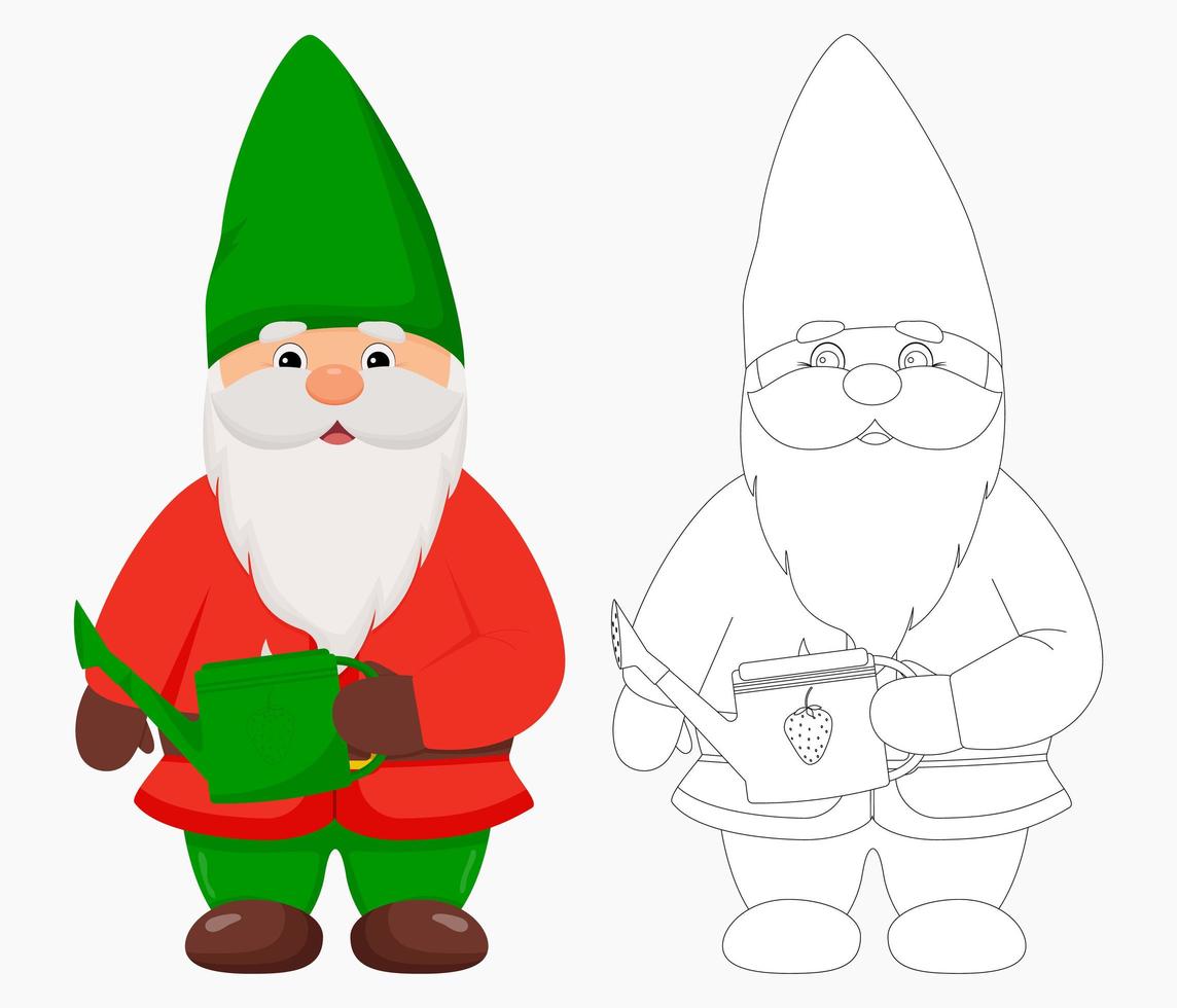 Cute garden gnome with a watering can in his hands. Gnome in color and outline. vector