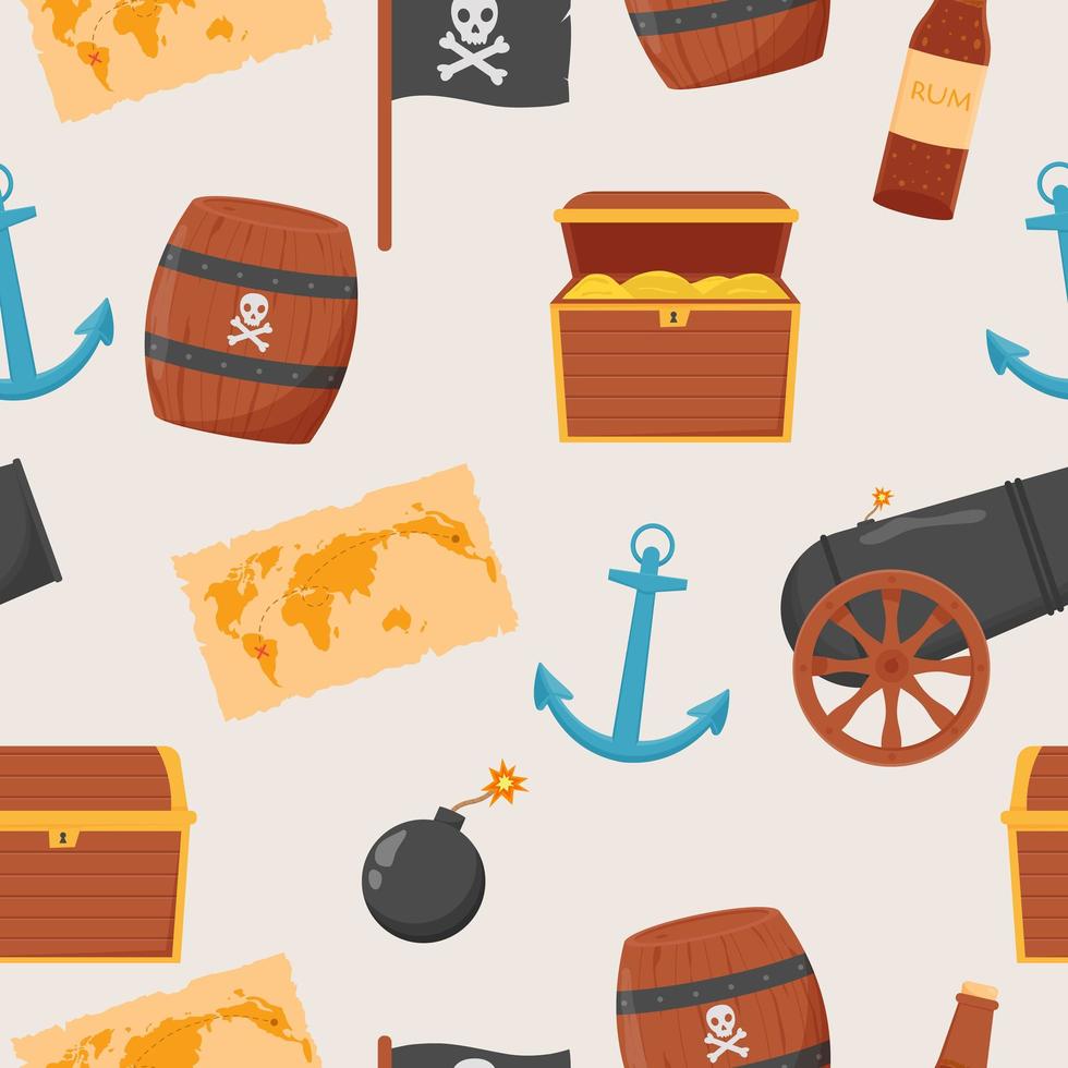Bundle pirate seamless pattern. Bundle pirate, treasure map, rum, ship wheel, anchor, barrel, bomb vector
