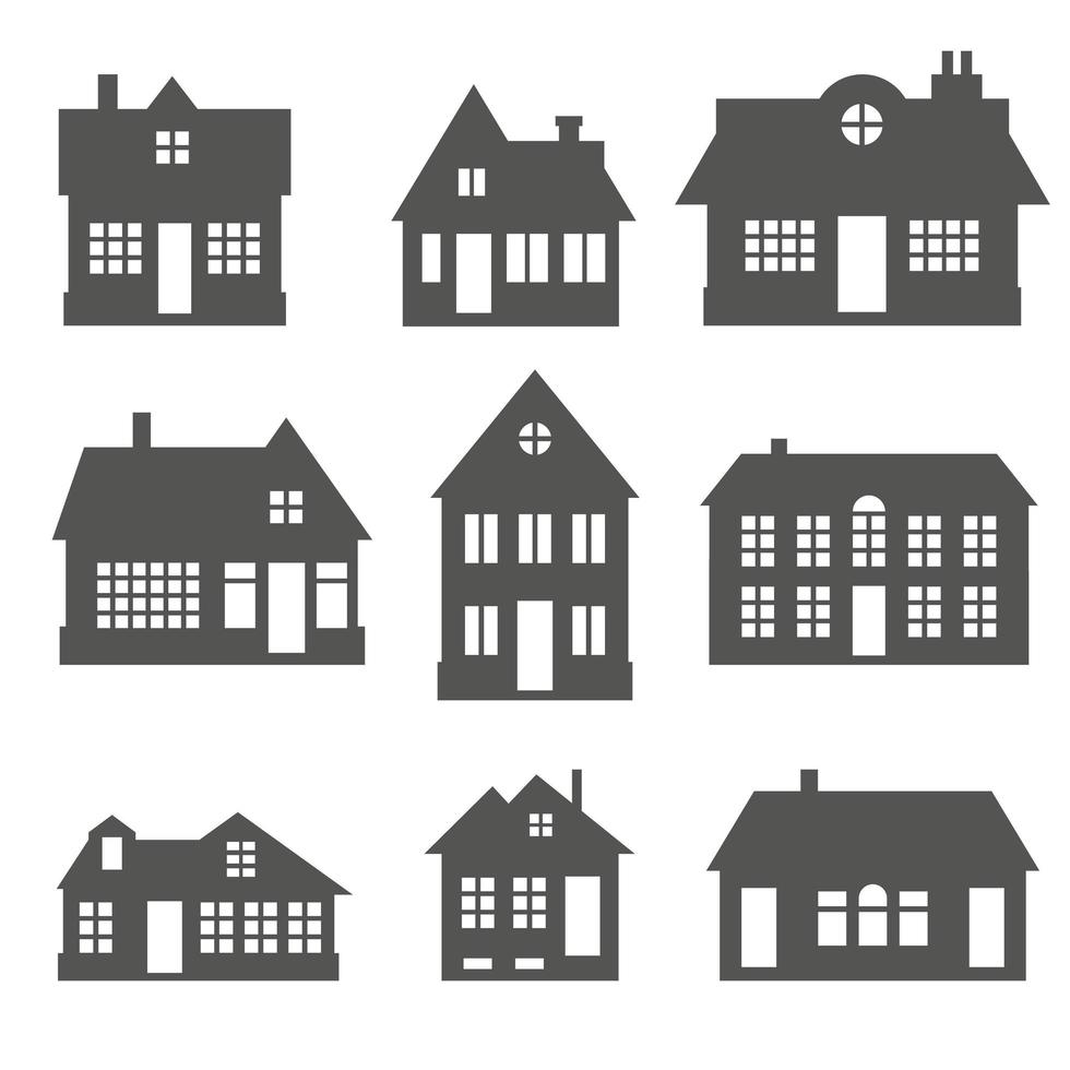 Silhouette of cottages in neighborhood. Set of houses on suburban street. Countryside cottage homes. Glyph vector illustration.