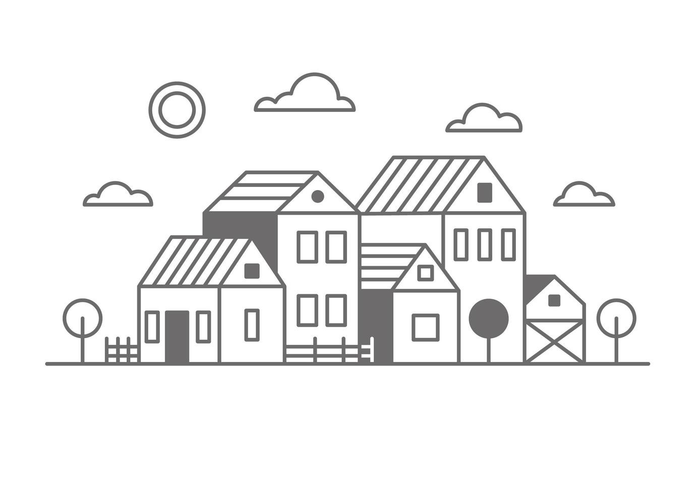 Suburban neighborhood landscape. Silhouette of houses on the skyline. Countryside cottage homes. Outline vector illustration.