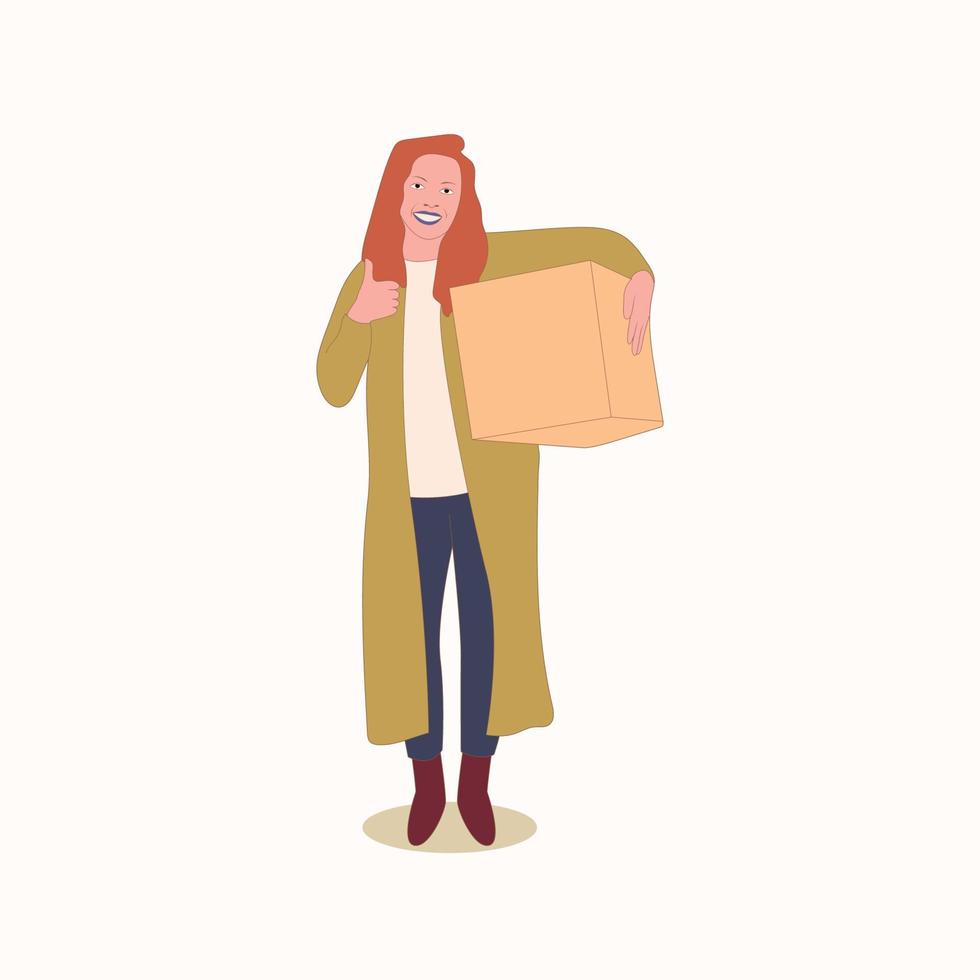 mujer afroamericana mensajero con concepto de entrega de caja de paquete de papel dama feliz personaje de dibujos animados femenino de longitud completa vector