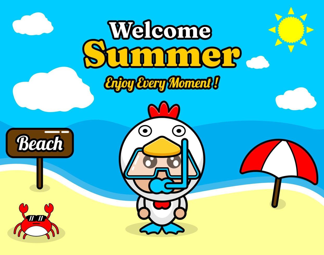 summer beach and sand background design with text enjoy every moment and summer element board that says beach, crab and umbrella, with chicken animal mascot costume wearing senorkel vector