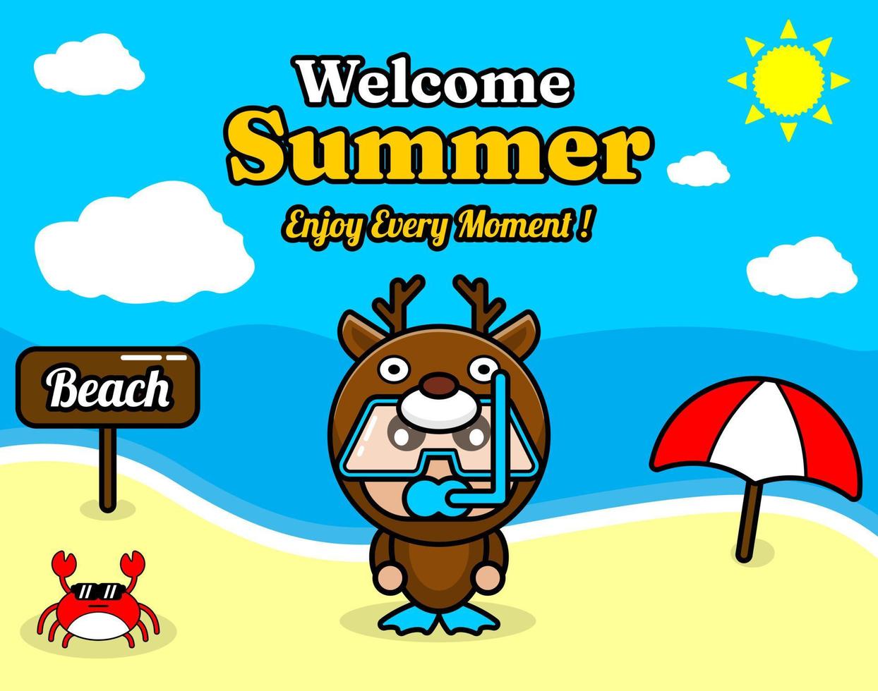 summer beach and sand background design with text enjoy every moment and summer element board says beach, crab and umbrella, in deer animal mascot costume wearing senorkel vector