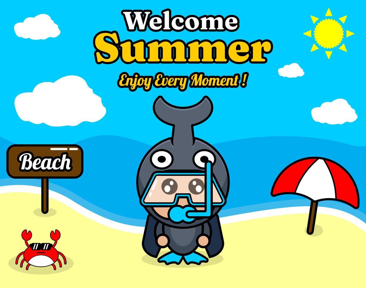 summer beach and sand background design with text enjoy every moment and summer element board saying beach, crab and umbrella, with horned beetle animal mascot costume wearing a senorkel vector