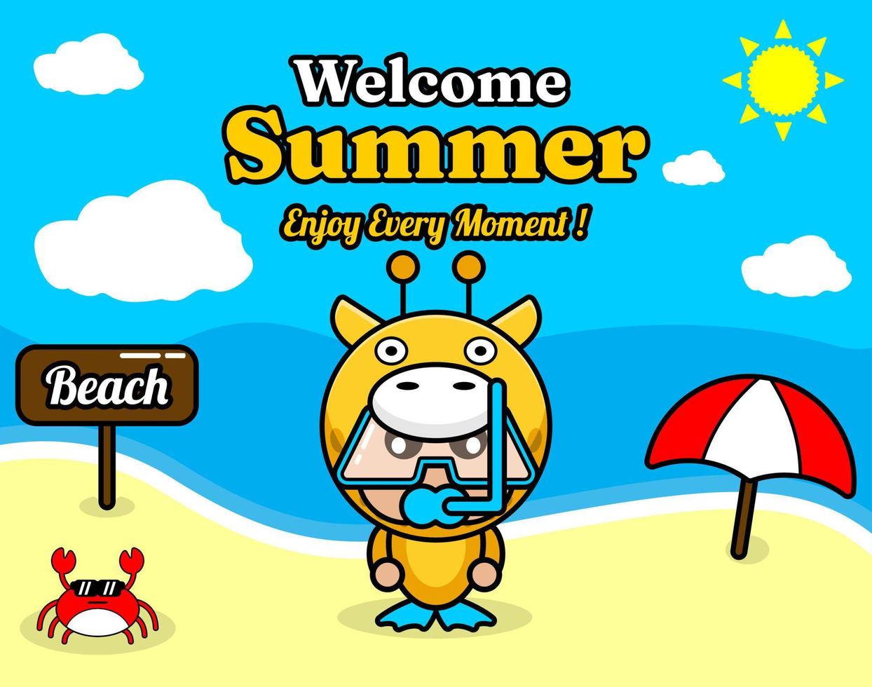 summer beach and sand background design with text enjoy every moment and summer element board that says beach, crab and umbrella, giraffe animal mascot costume wearing senorkel vector