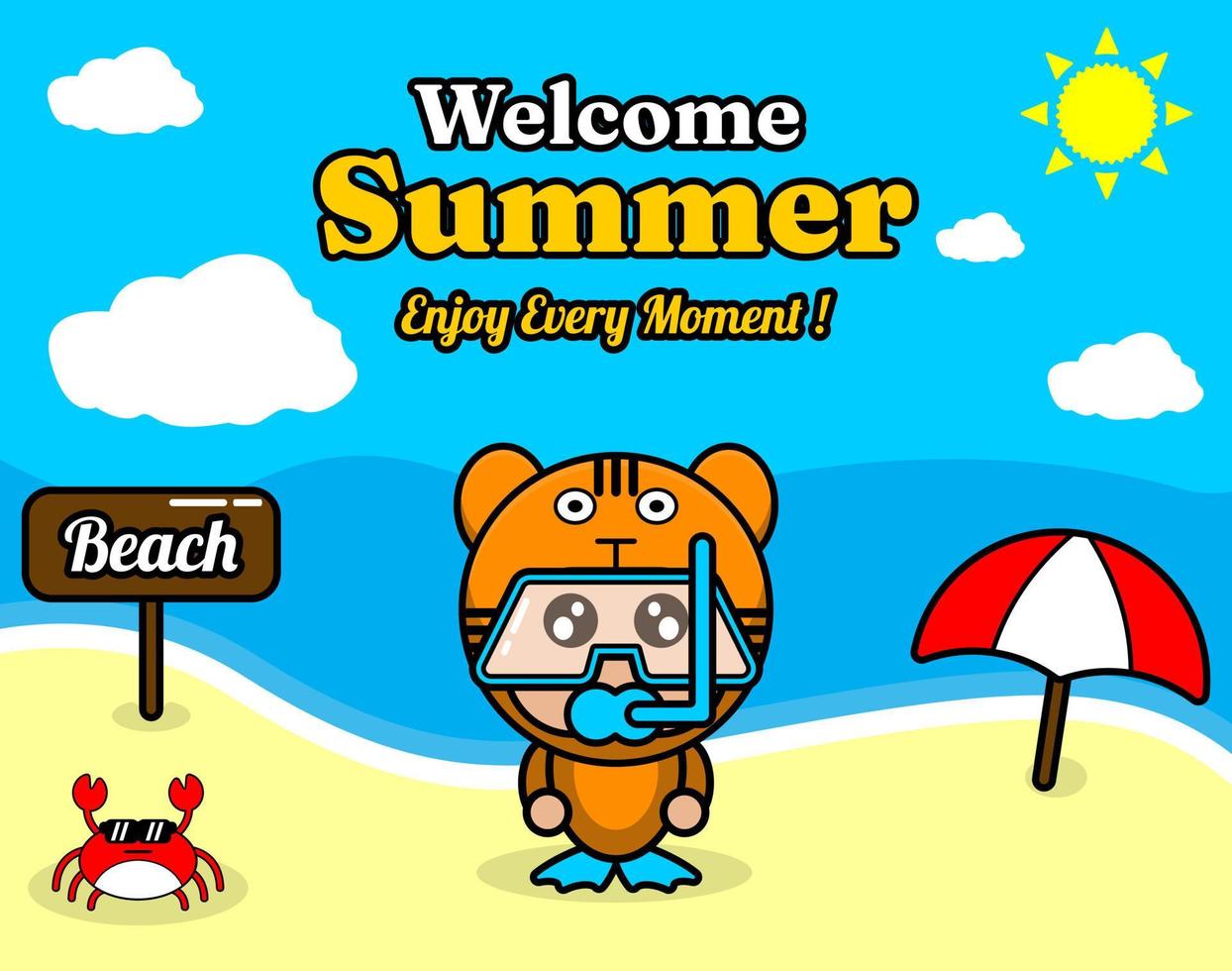 diseño de fondo de playa y arena de verano con texto disfrute de cada momento y el tablero de elementos de verano dice playa, cangrejo y paraguas, con traje de mascota de animal tigre usando senorkel vector