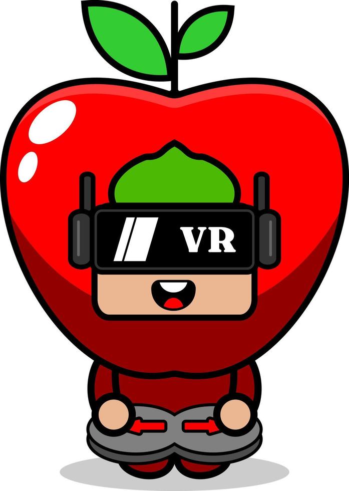 cute apple mascot costume vector cartoon character playing virtual reality game