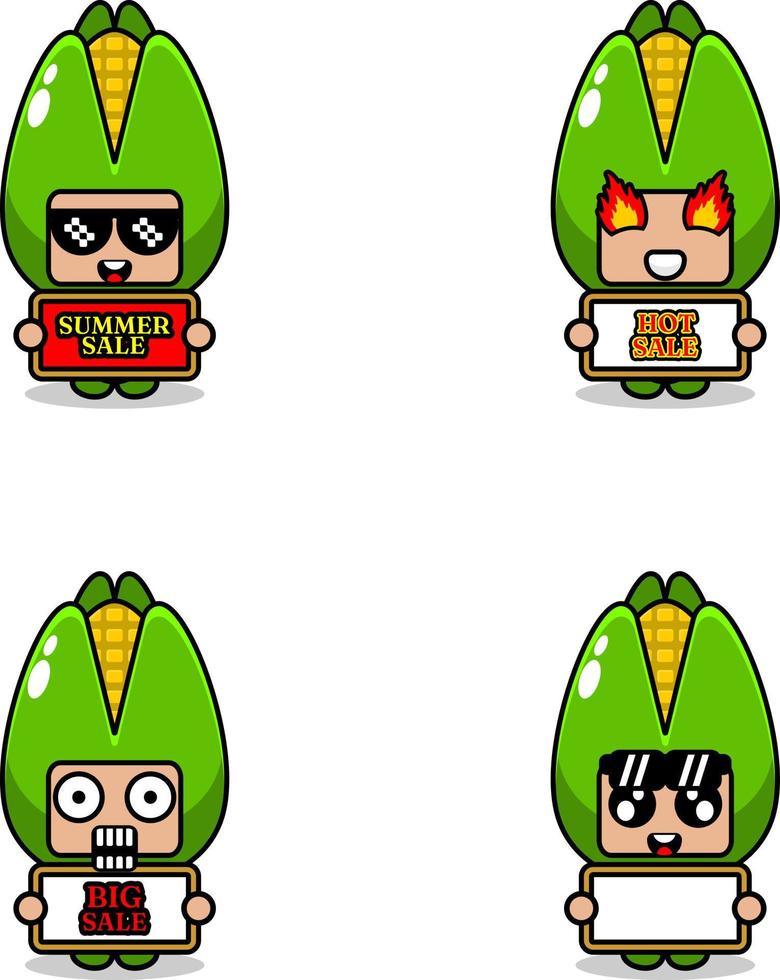 lindo personaje de dibujos animados vector conjunto de disfraces de mascota vegetal de maíz colección de paquetes de venta de verano