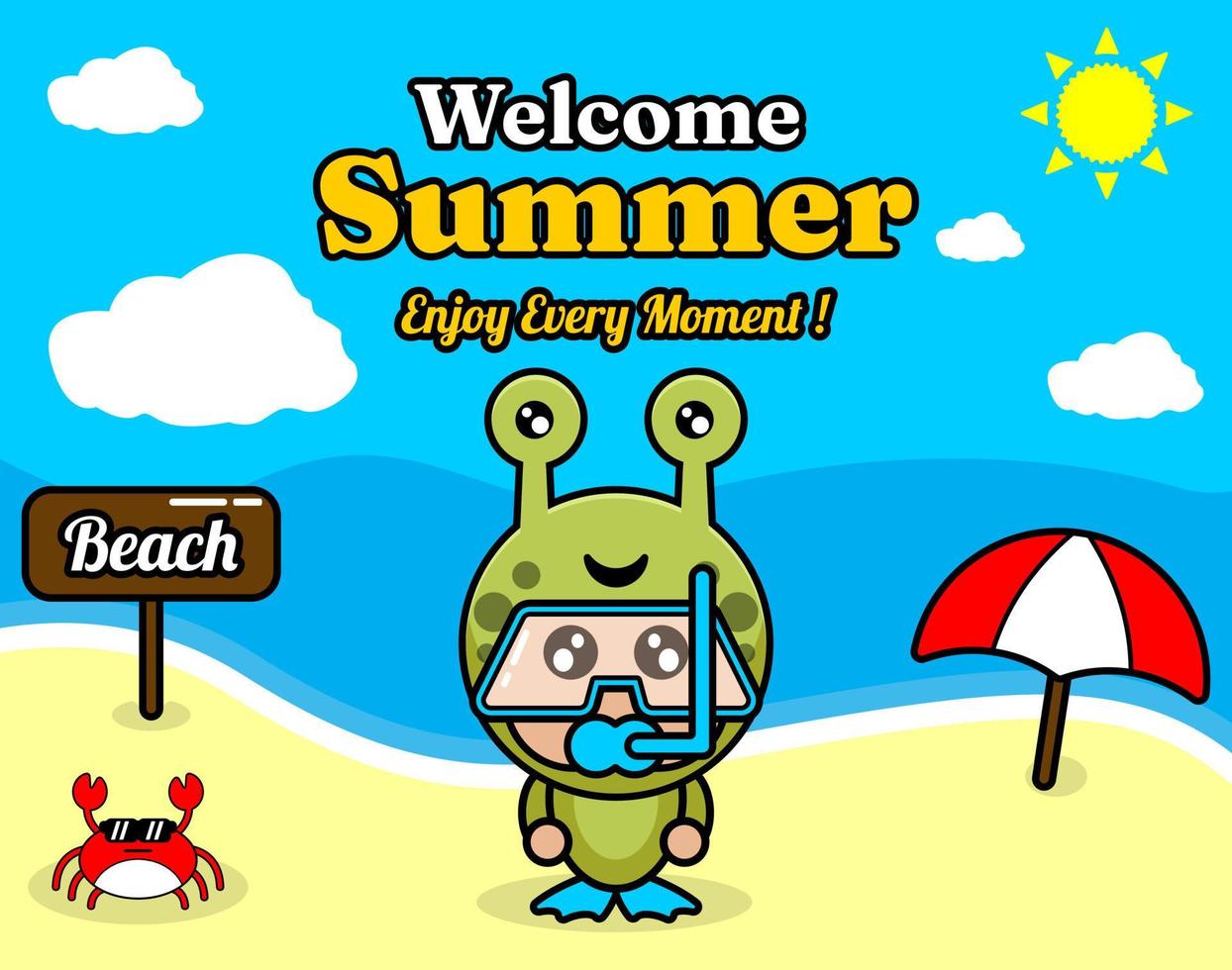 summer beach and sand background design with text enjoy every moment and summer element board that says beach, crab and umbrella, with snail animal mascot costume wearing a senorkel vector