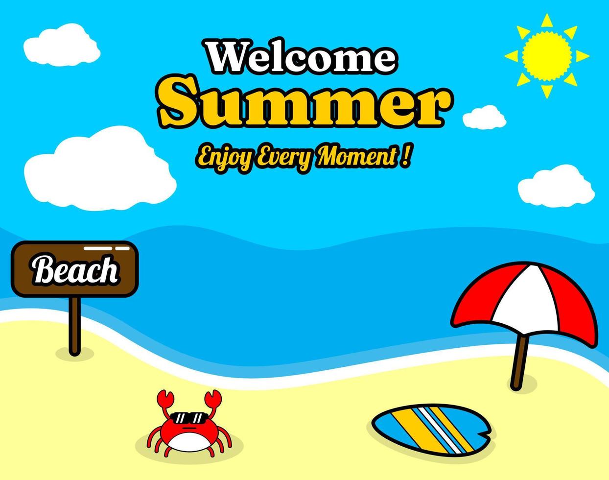summer beach and sand background design with text enjoy every moment and summer element board that says beach, crab and umbrella vector
