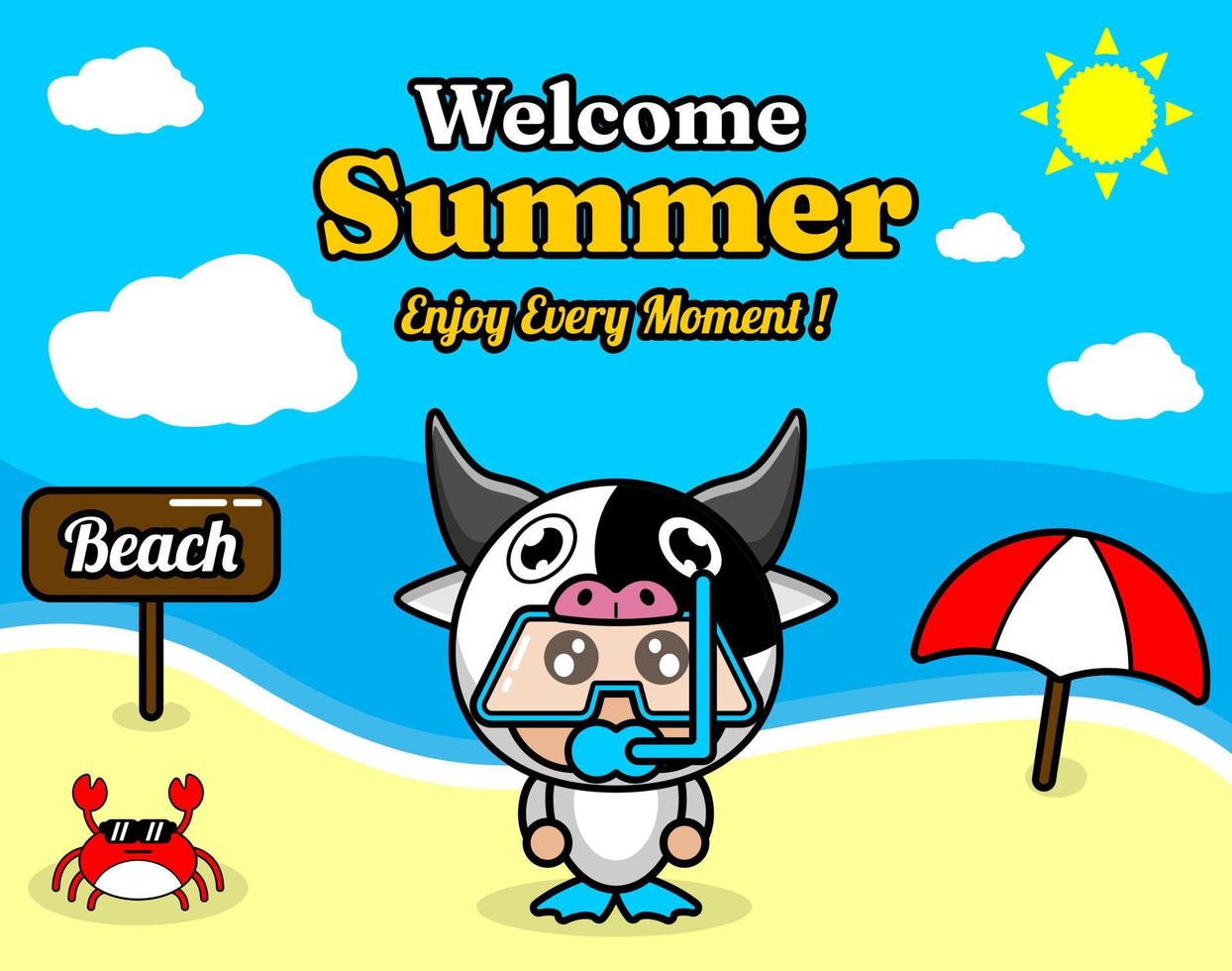 summer beach and sand background design with text enjoy every moment and summer element board that says beach, crab and umbrella, with cow animal mascot costume wearing senorkel vector
