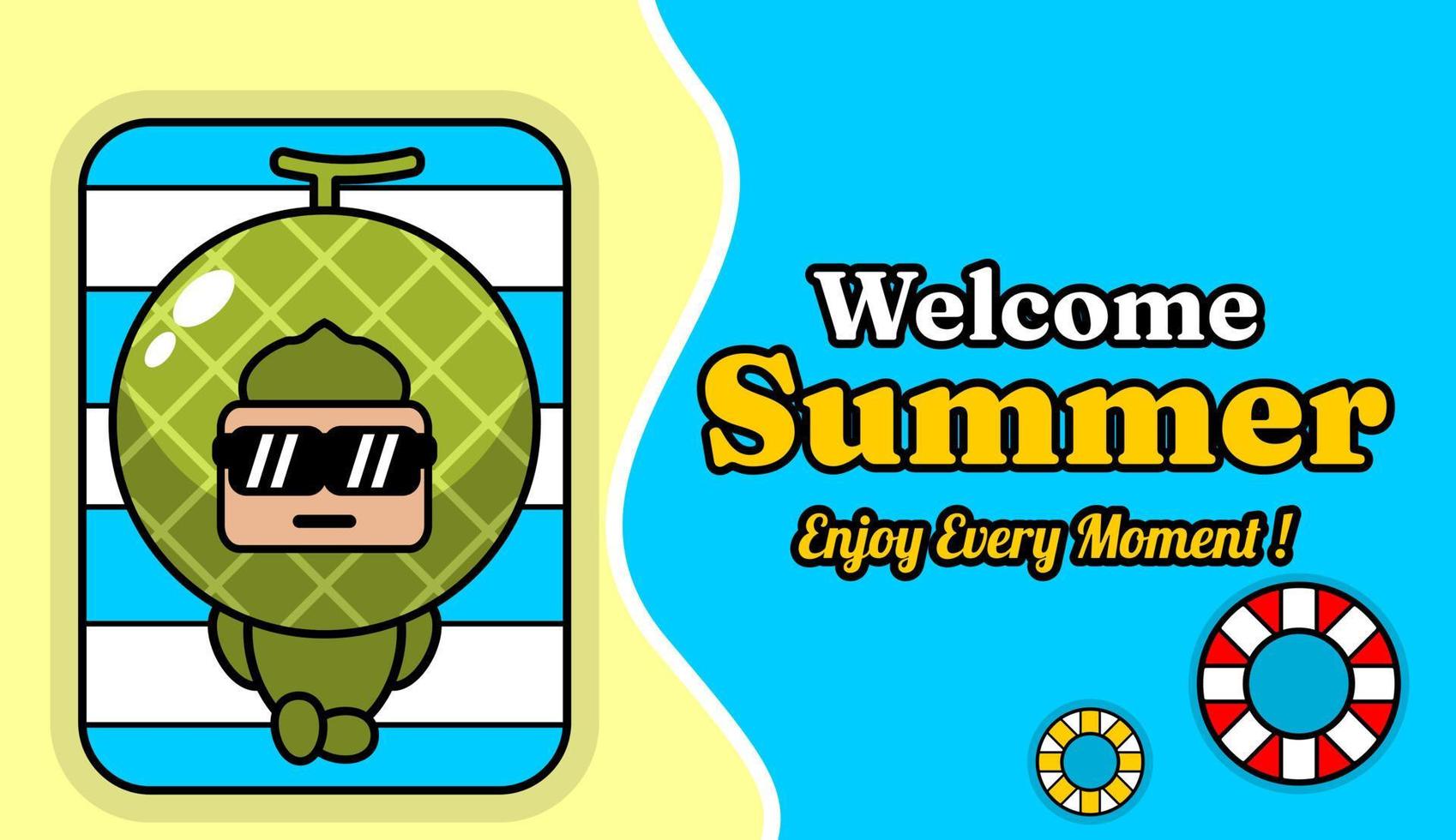diseño de fondo de playa y arena de verano con texto disfrute de cada momento, con traje de mascota de melón relajante vector