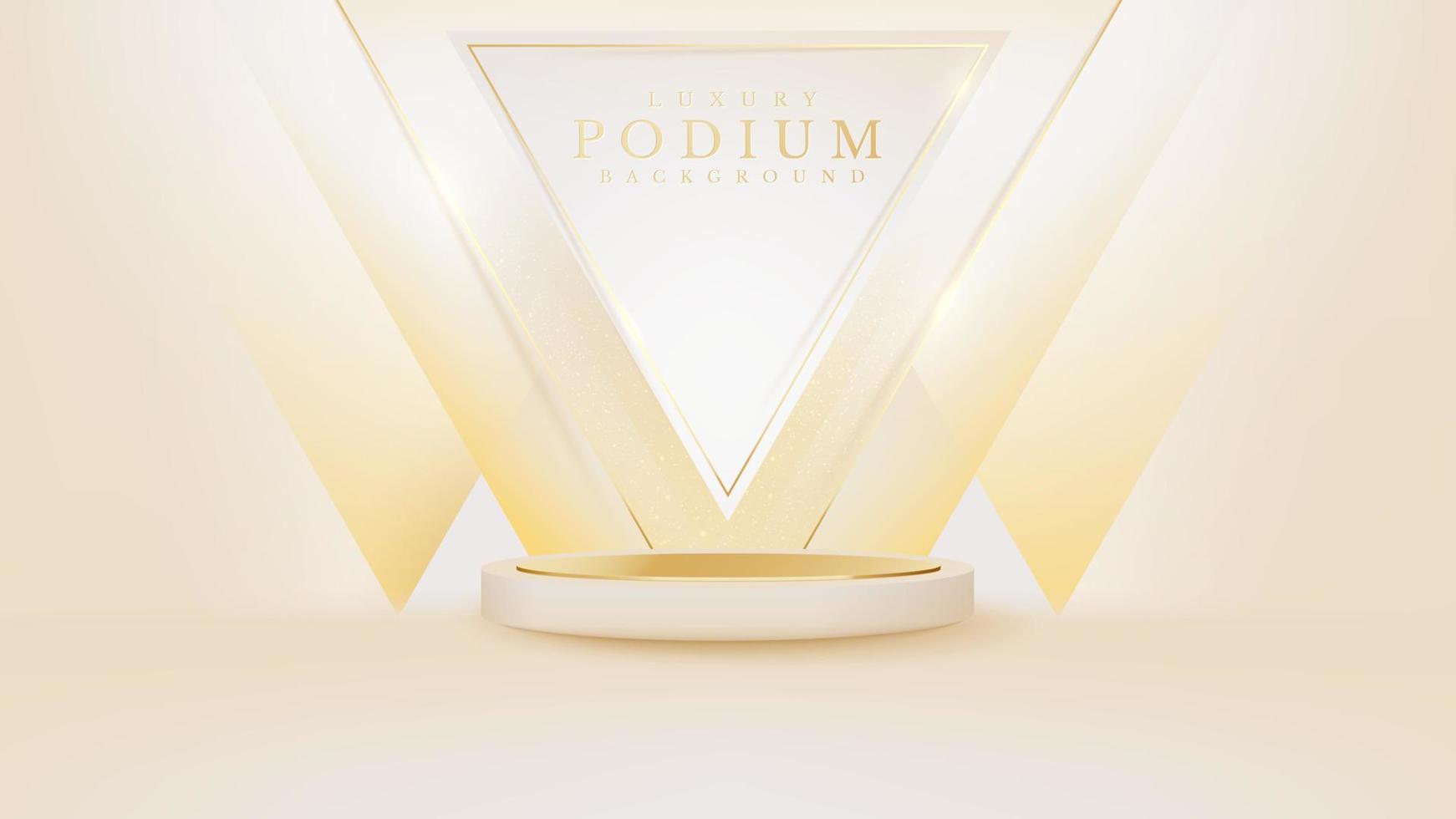 White product show podium with golden triangle frame and sparkling glittering light effects elements. vector