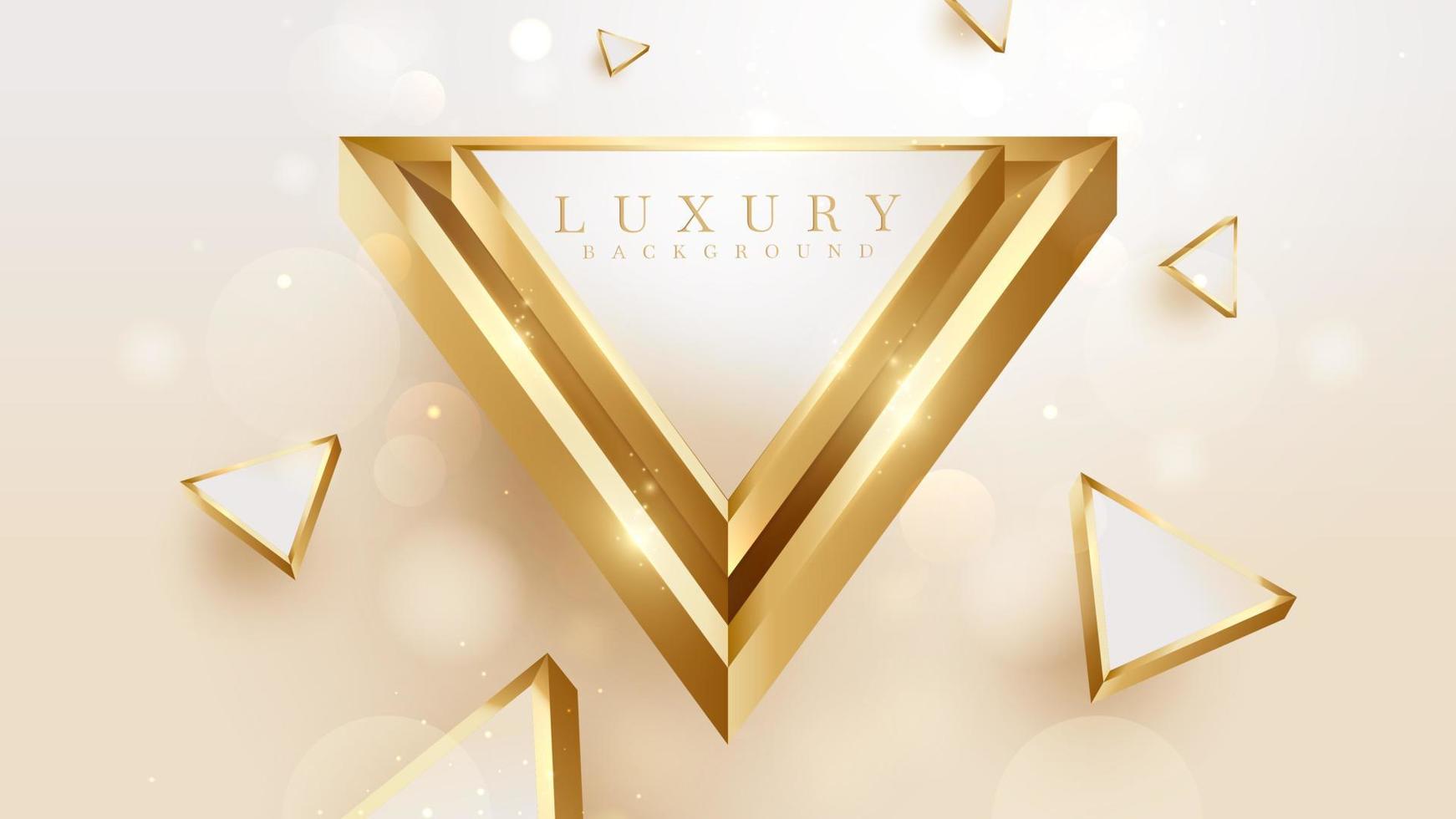 Triángulo dorado 3d con decoración de efectos de luz brillante y bokeh, diseño de fondo de estilo lujoso. vector