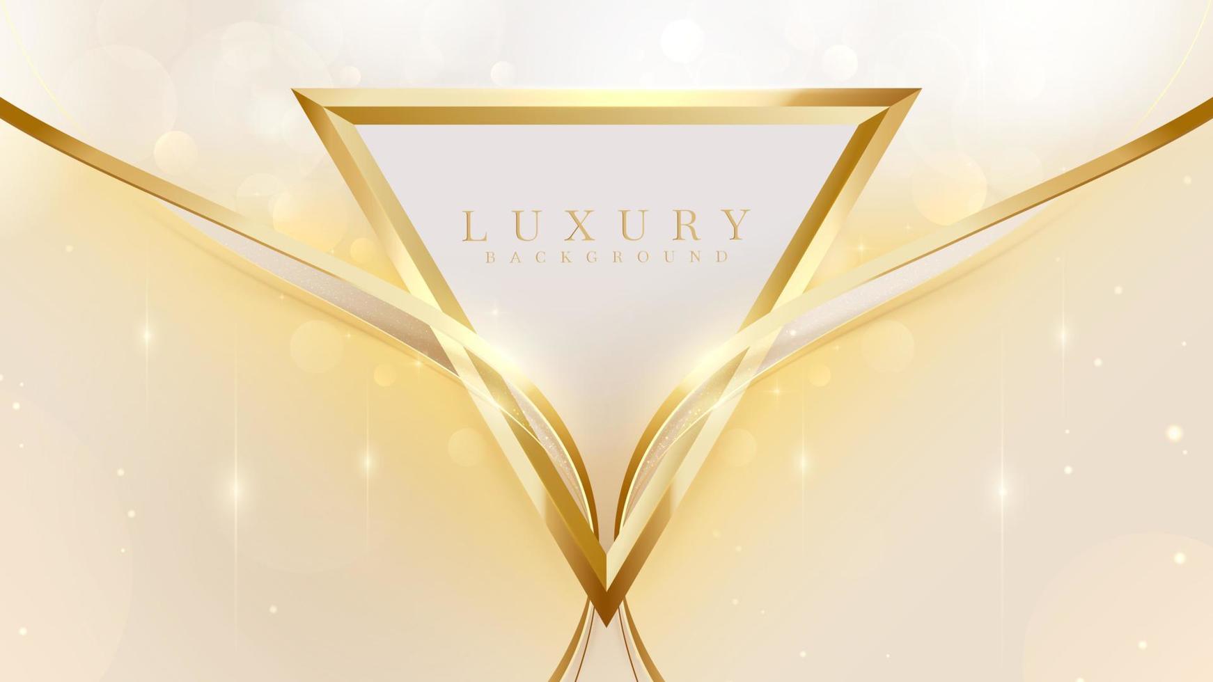 Golden triangle shape and line curve with sparkling lights decoration, 3d style luxury background, vector illustration scene design.