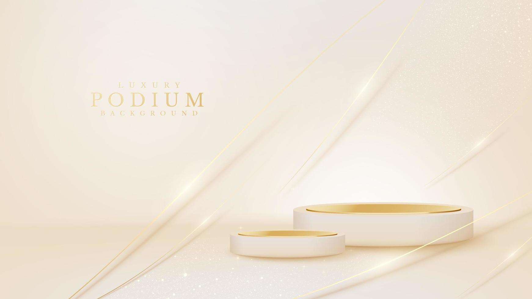 Cream color podium with golden curve line elements and glitter light effects, Luxury banner background design. vector