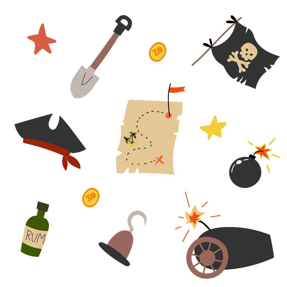 Image of pirate paraphernalia saber and hook, gold coins,pirates hat, map, bomb, bottle of rum. Vector illustration