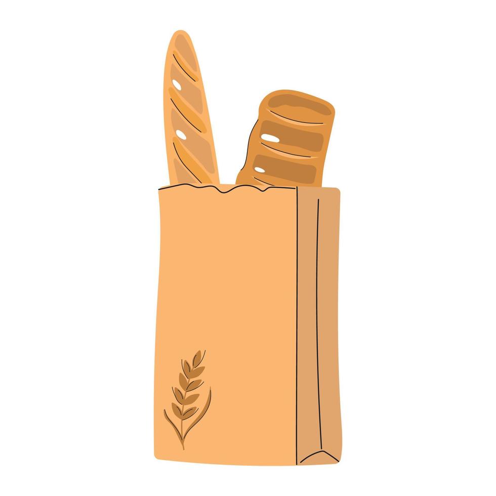 Hand drawn paper bag with baguette and bread. Flat illustration of bakery concept. vector