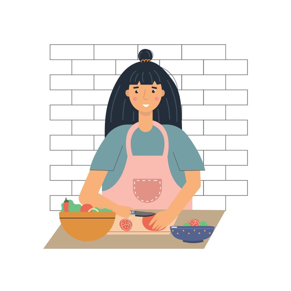 Woman in the kitchen cuts tomato into salad with knife. Cooking concept. vector