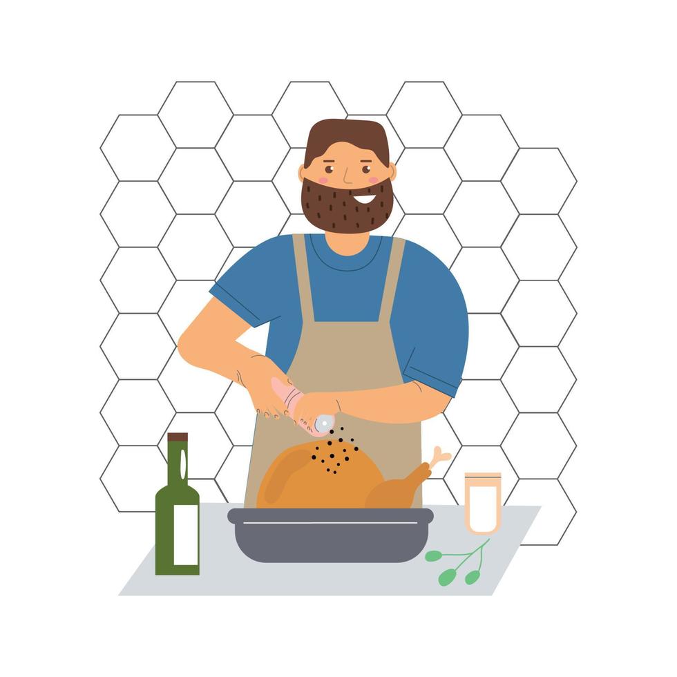 Man with beard peppers a turkey, cooks, smile. Flat illustration. vector