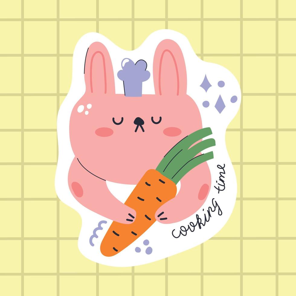 Cute bunny or rabbit chef sticker with carrot and text cooking time. Modern design for print, sticker for use in packaging. vector