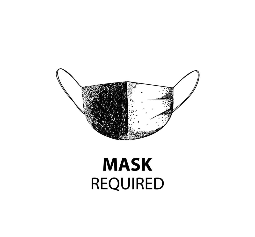 Vector hand drawn Medical or Surgical Face Mask isolated. Virus, covid, coronavirus Protection. Breathing Respirator Mask. Health Care Concept. Black and white Graphic illustration