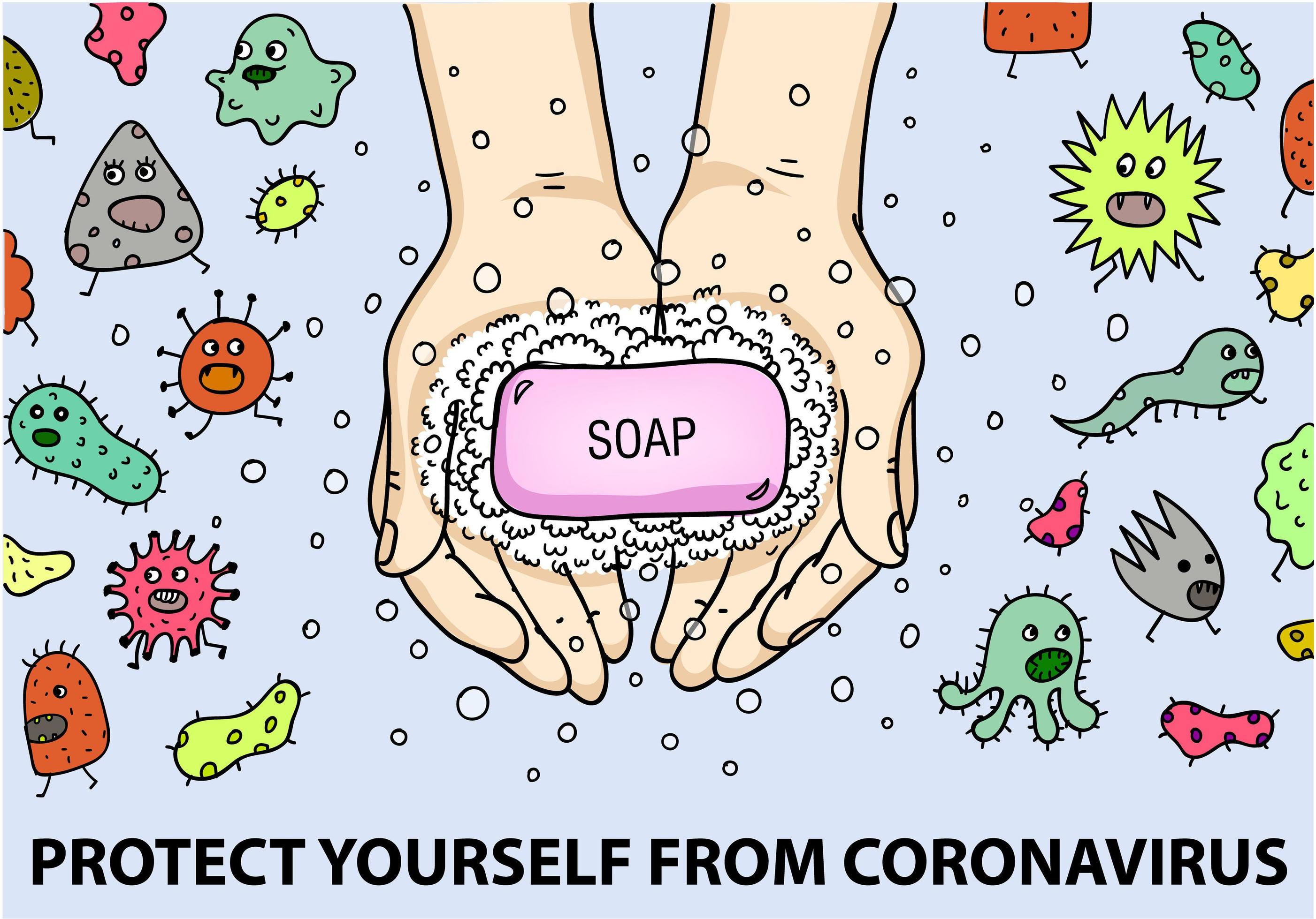 Coronavirus COVID-19 outbreak concept, How to protect yourself from infection, hand washing. Vector cartoon illustration with hands and running away microbes . Poster, banner, flyer