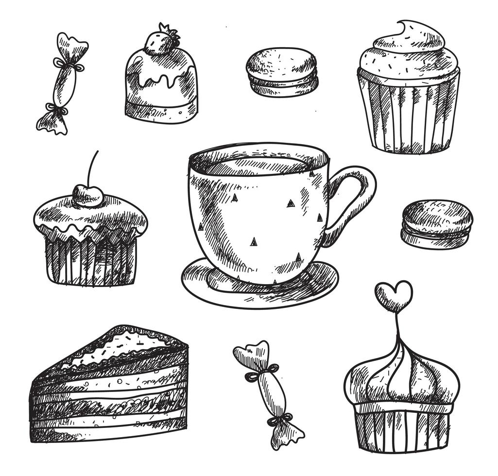 Set of hand drawn dessert vector icons. Design elements. Sweets and desserts, coffee