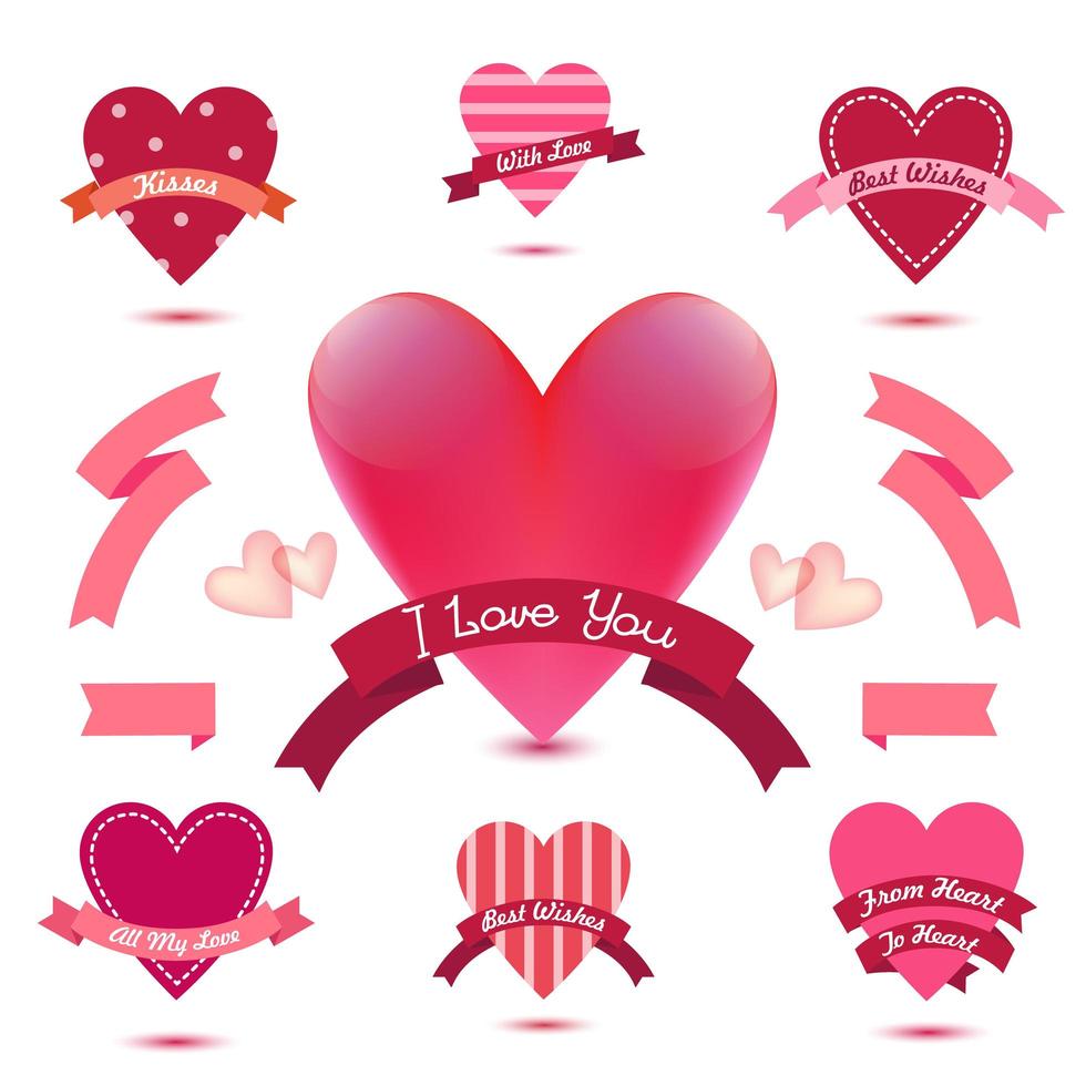 conjunto vectorial de banderas de corazón, cintas, insignias de amor, iconos. set vintage de san valentín, colección romántica vector